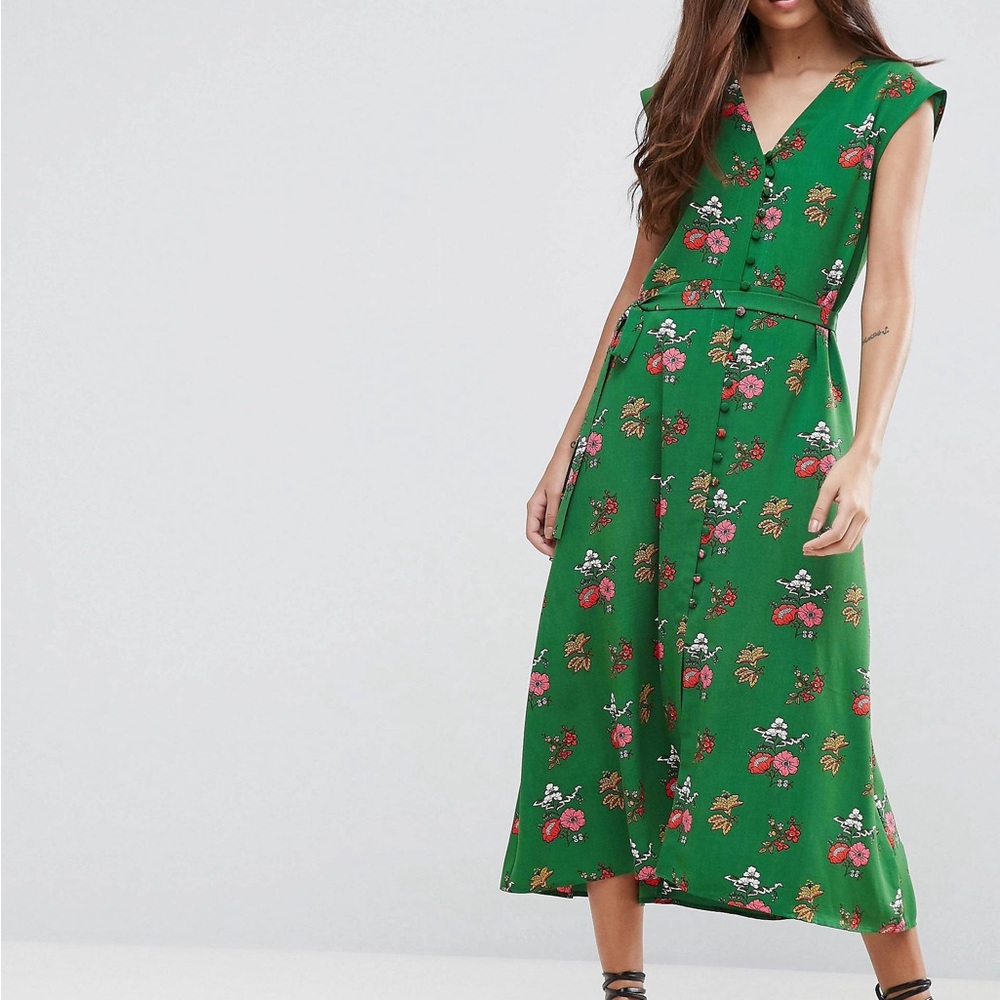 ASOS Green Floral Midi Dress buttons down front with plunge back taken in